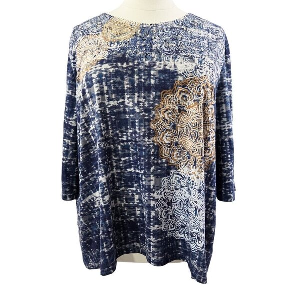 Catherines Blue Mandala Beaded Round Neck Top Beachy Boho Tribal - Picture 1 of 8